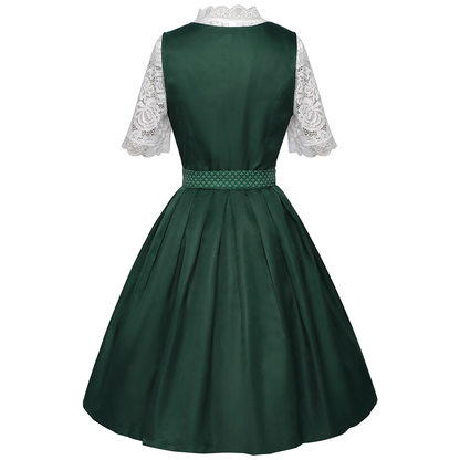 dark green satin-finish polyester or silk blend fit-and-flare dirndl set