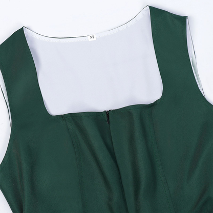 dark green satin-finish polyester or silk blend fit-and-flare dirndl set