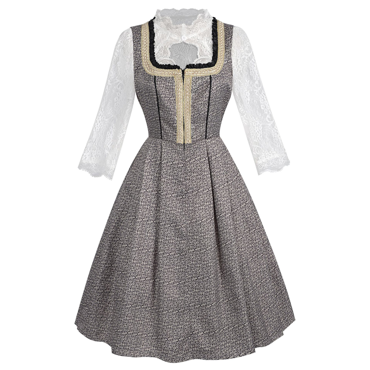 grey-brown melange textured woven jacquard fit-and-flare dirndl dress set