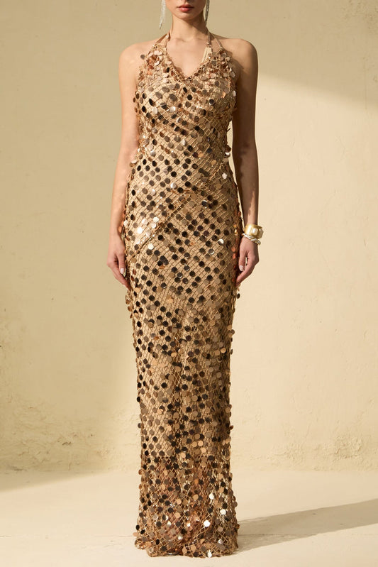 jennifer Gold Sequin Fishnet backless Maxi Dress