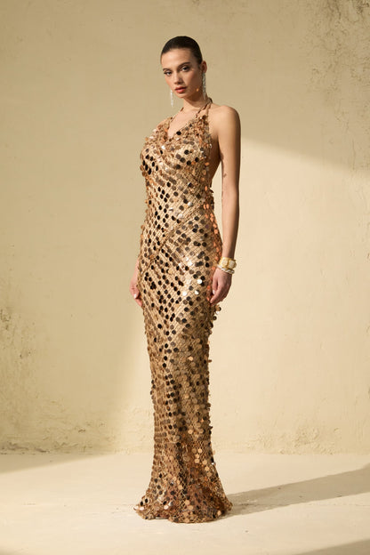 jennifer Gold Sequin Fishnet backless Maxi Dress