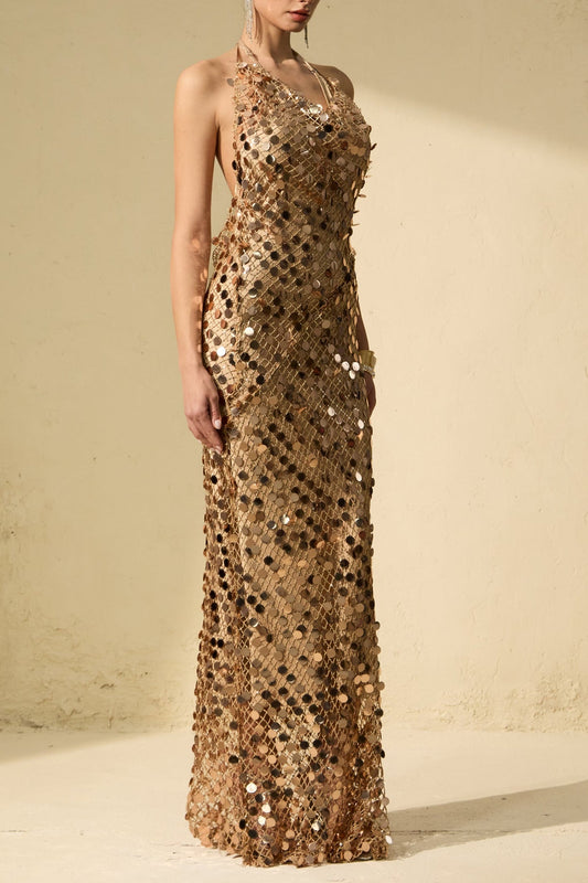 jennifer Gold Sequin Fishnet backless Maxi Dress