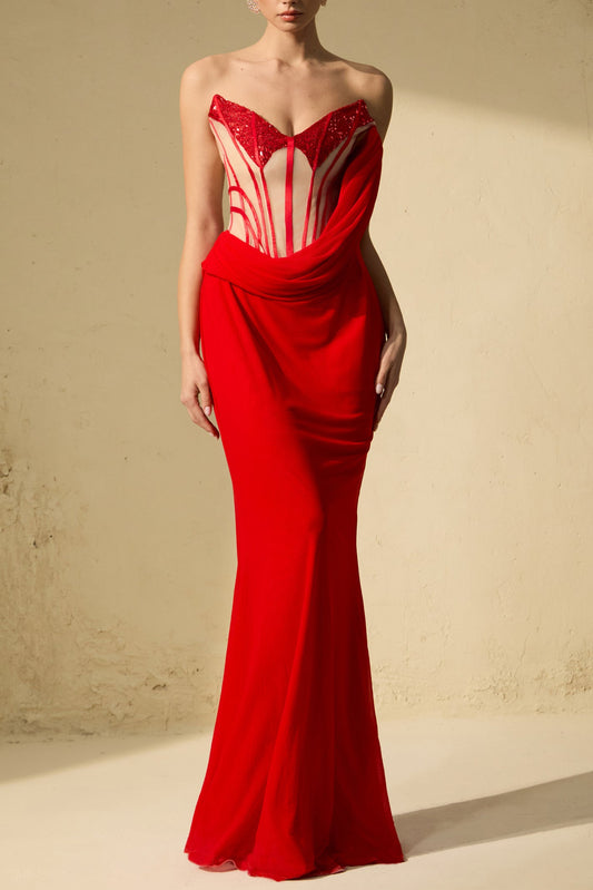 molly Red Corset Bodice Draped Maxi Dress