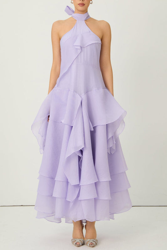 linda Purple Halter Neck Tiered Ruffle Maxi Dress