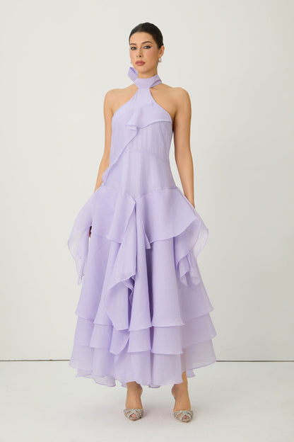 linda Purple Halter Neck Tiered Ruffle Maxi Dress