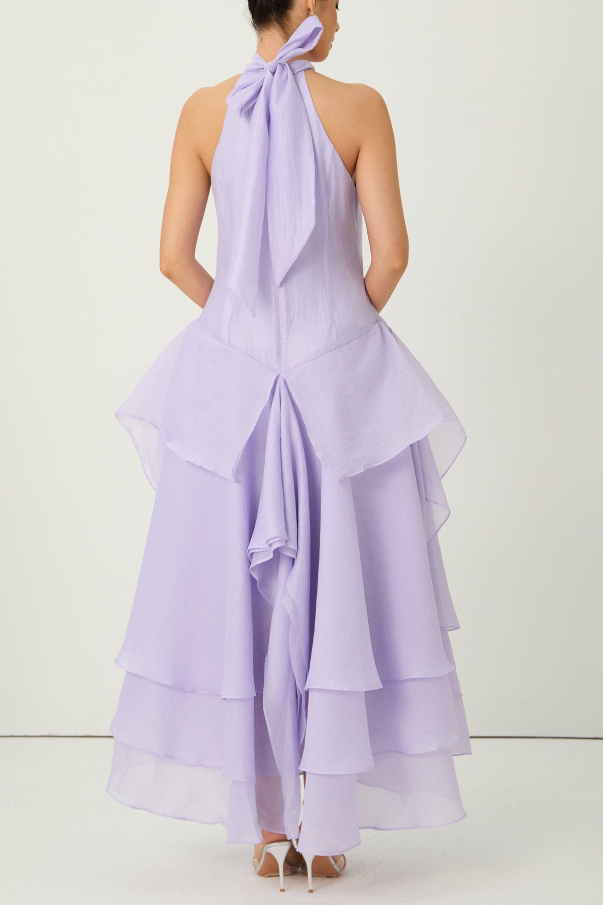 linda Purple Halter Neck Tiered Ruffle Maxi Dress