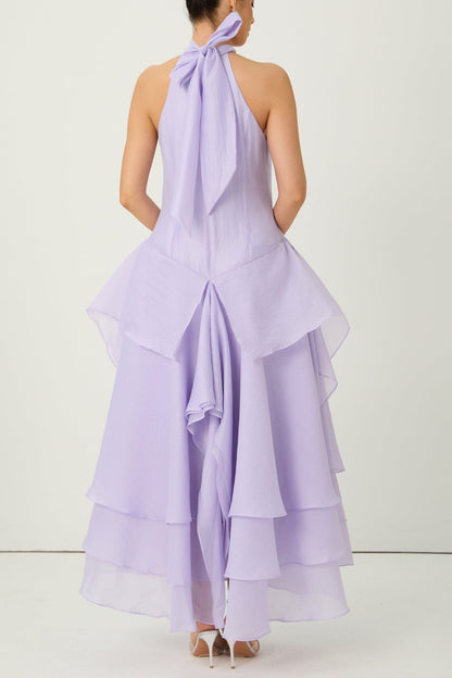 linda Purple Halter Neck Tiered Ruffle Maxi Dress