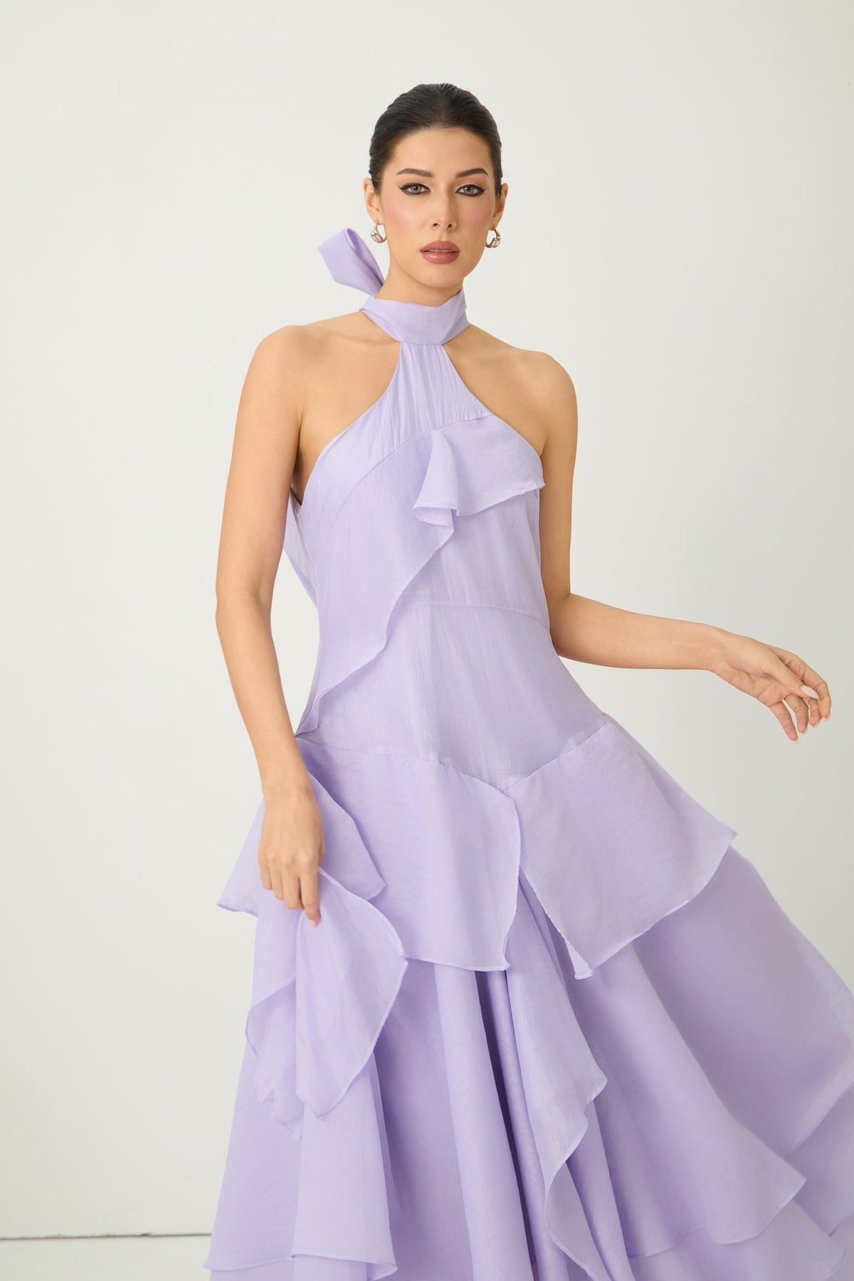 linda Purple Halter Neck Tiered Ruffle Maxi Dress