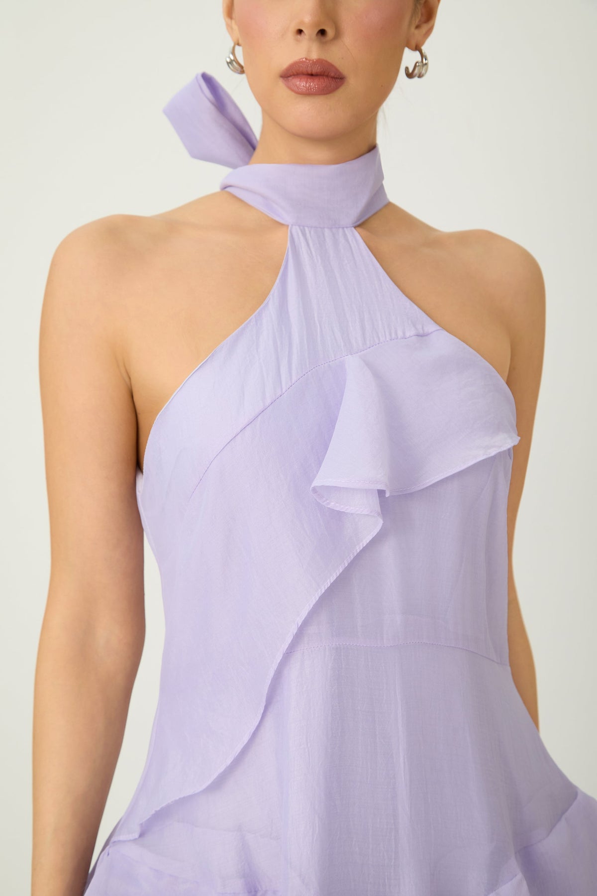 linda Purple Halter Neck Tiered Ruffle Maxi Dress