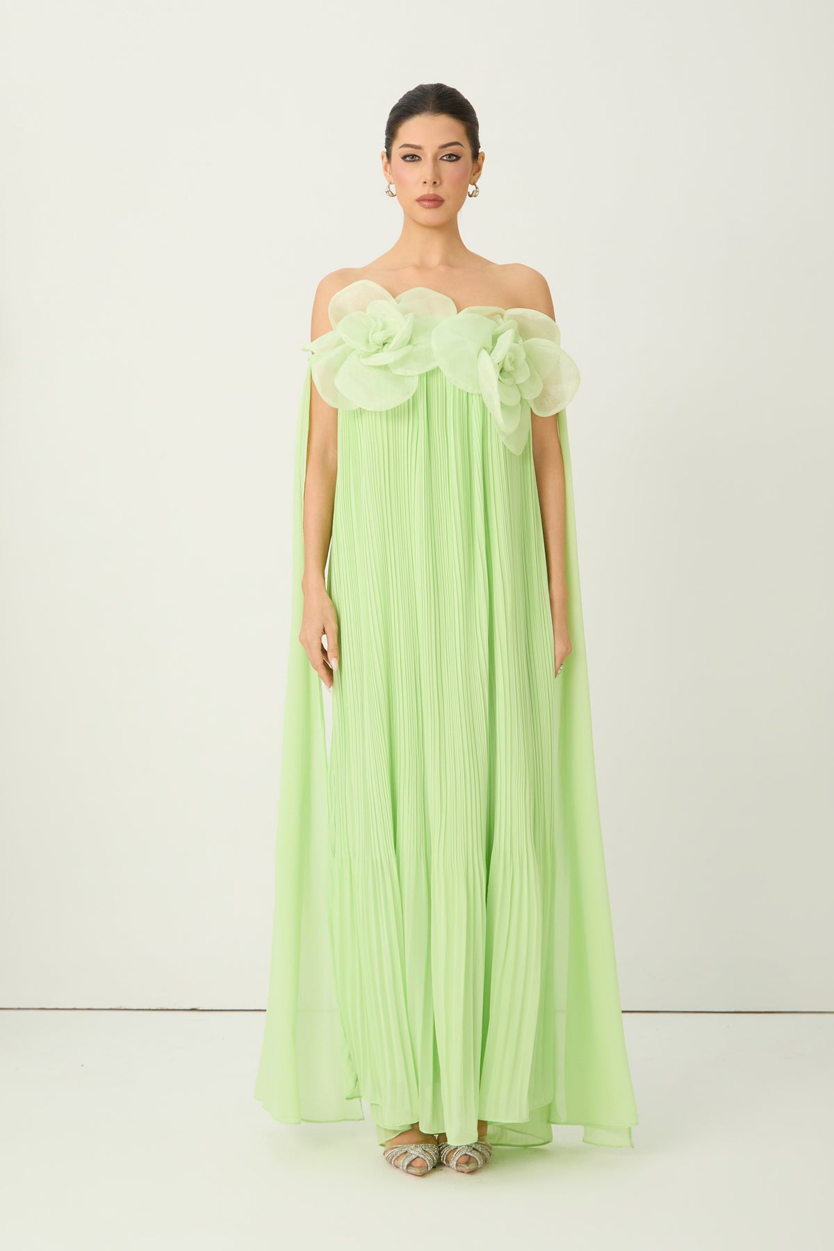 Light Green 3D Organza Flower Off Shoulder Pleated Chiffon Floor-Length Evening Gown