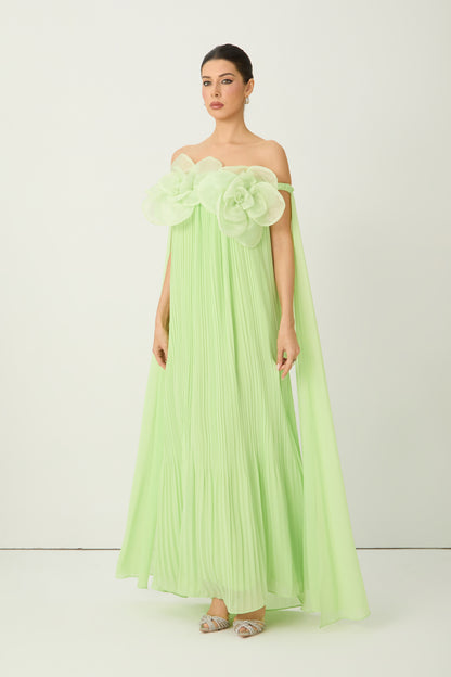 Light Green 3D Organza Flower Off Shoulder Pleated Chiffon Floor-Length Evening Gown