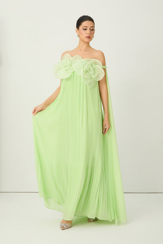 Light Green 3D Organza Flower Off Shoulder Pleated Chiffon Floor-Length Evening Gown