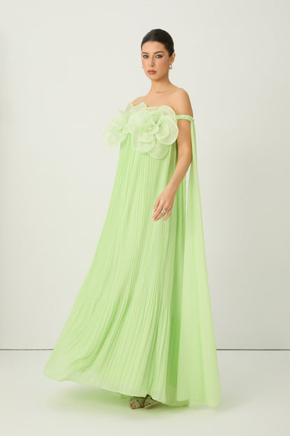 Light Green 3D Organza Flower Off Shoulder Pleated Chiffon Floor-Length Evening Gown