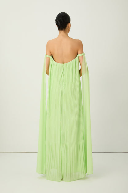 Light Green 3D Organza Flower Off Shoulder Pleated Chiffon Floor-Length Evening Gown