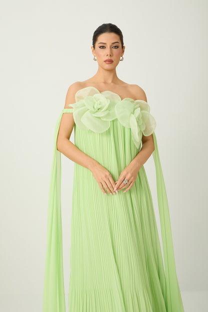 Light Green 3D Organza Flower Off Shoulder Pleated Chiffon Floor-Length Evening Gown