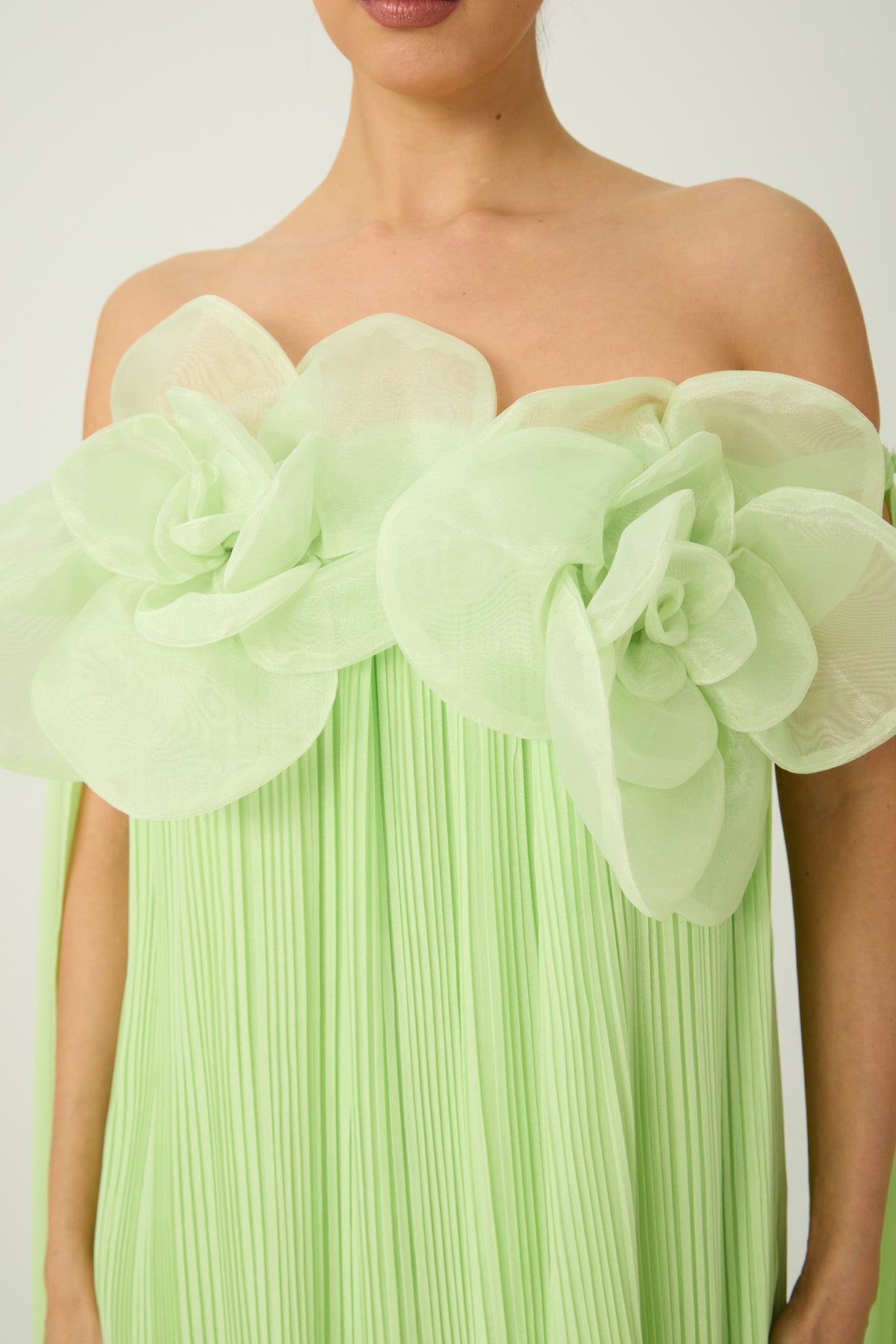 Light Green 3D Organza Flower Off Shoulder Pleated Chiffon Floor-Length Evening Gown