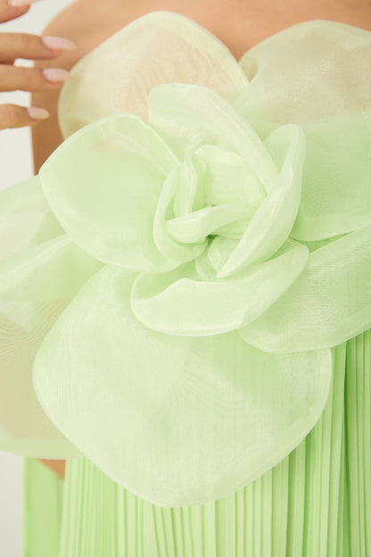 Light Green 3D Organza Flower Off Shoulder Pleated Chiffon Floor-Length Evening Gown