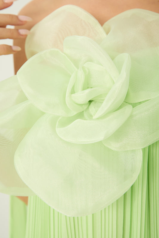 Light Green 3D Organza Flower Off Shoulder Pleated Chiffon Floor-Length Evening Gown