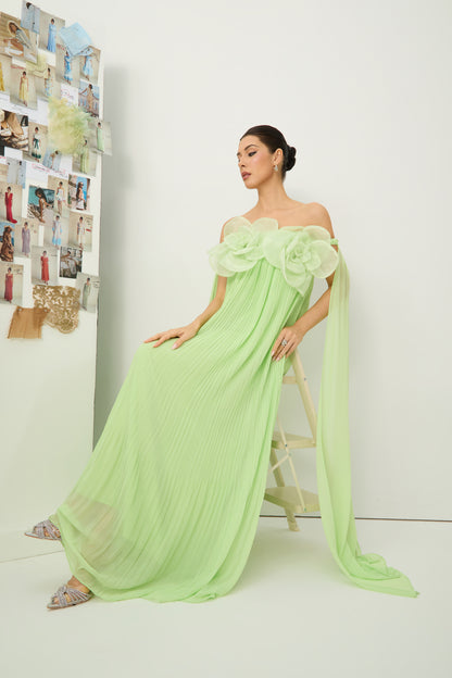 Light Green 3D Organza Flower Off Shoulder Pleated Chiffon Floor-Length Evening Gown