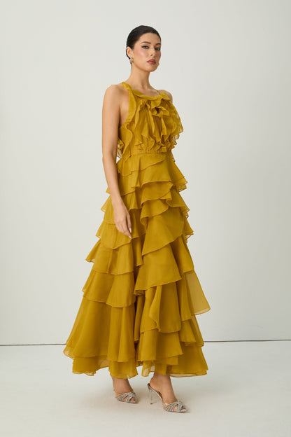leila Yellow Spaghetti Strap Tiered Ruffle Maxi Dress