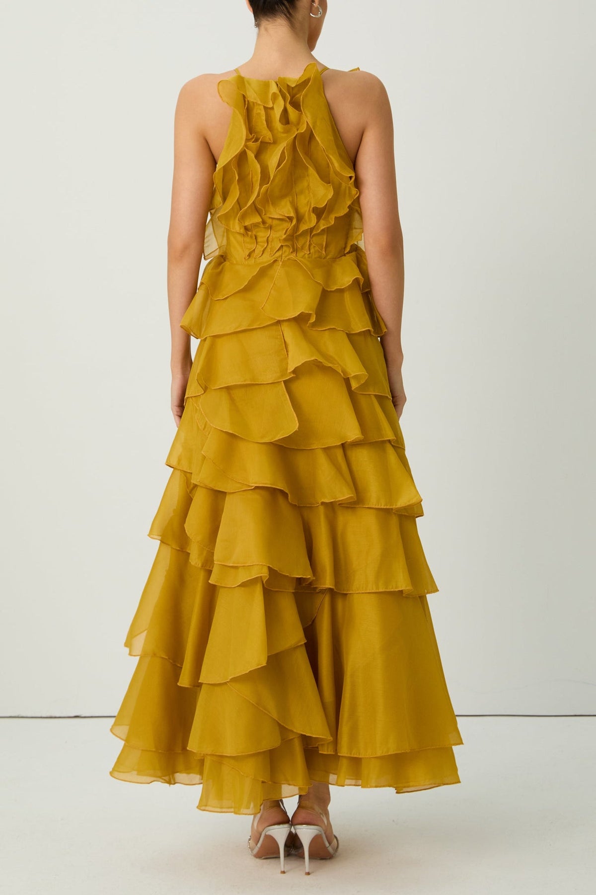 leila Yellow Spaghetti Strap Tiered Ruffle Maxi Dress