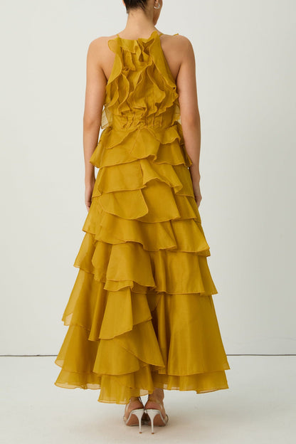leila Yellow Spaghetti Strap Tiered Ruffle Maxi Dress