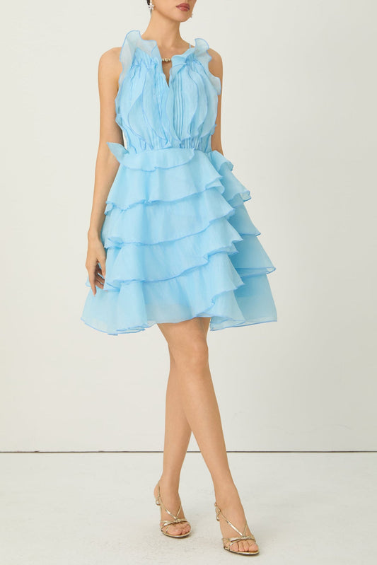 juliet Blue Pleated Bodice Tiered Ruffle Mini Dress