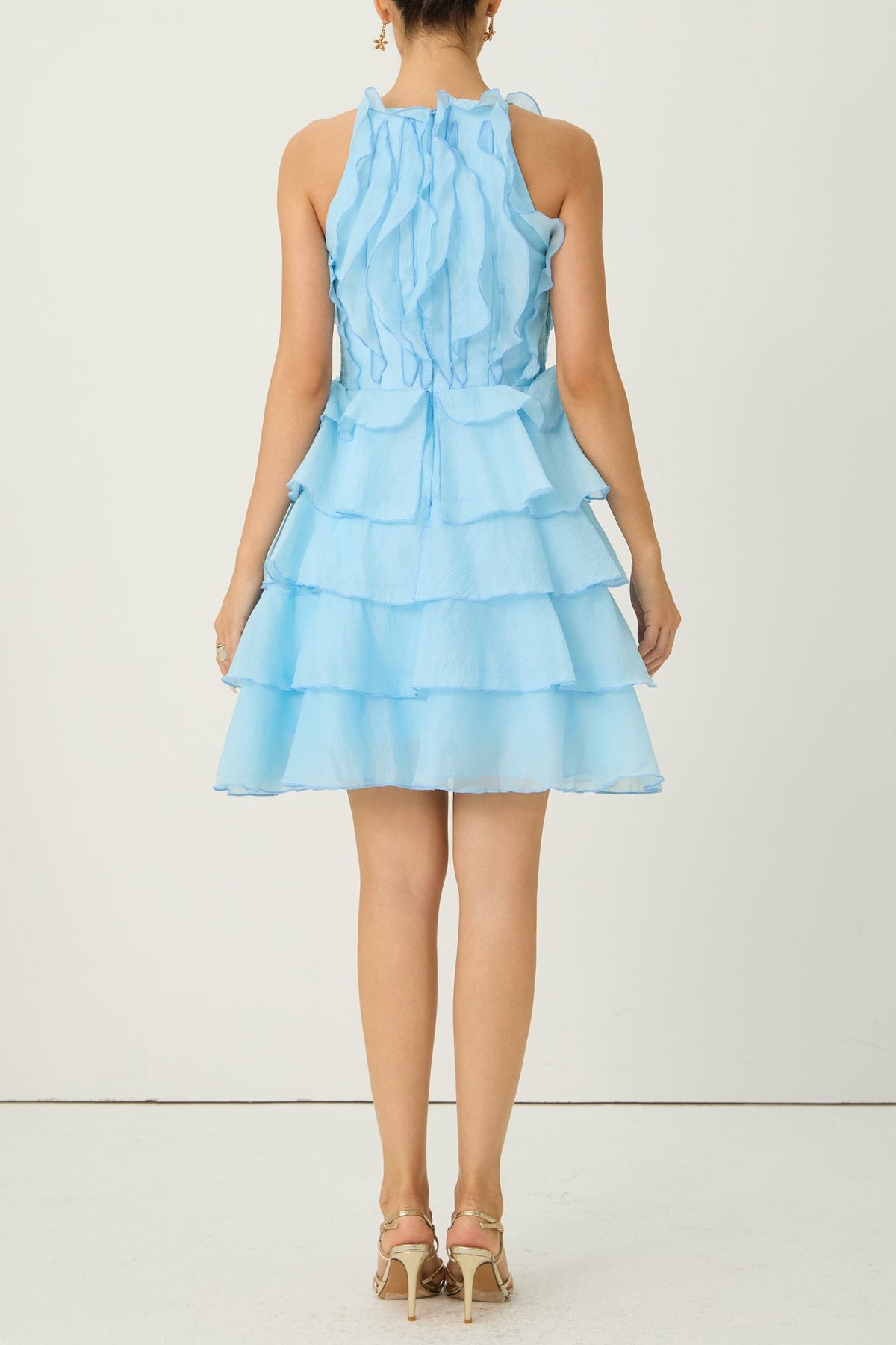 juliet Blue Pleated Bodice Tiered Ruffle Mini Dress
