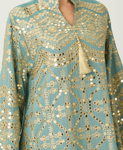 Sage Green Gold Sequin Embroidered Stand Collar Flare Sleeve Midi Kaftan Dress