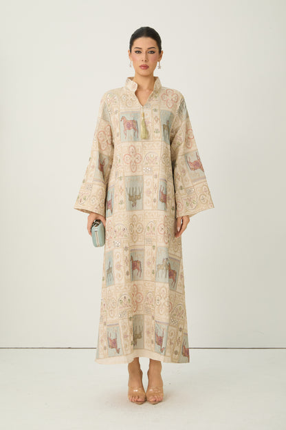 Cream Horse Patchwork Print Stand Collar Bell Sleeve Long Kaftan Dress