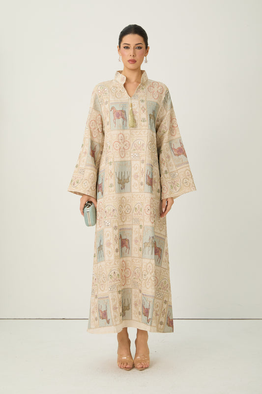 Cream Horse Patchwork Print Stand Collar Bell Sleeve Long Kaftan Dress