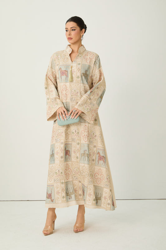 Cream Horse Patchwork Print Stand Collar Bell Sleeve Long Kaftan Dress
