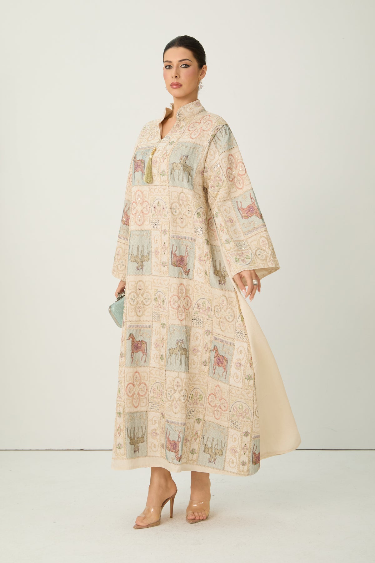 Cream Horse Patchwork Print Stand Collar Bell Sleeve Long Kaftan Dress