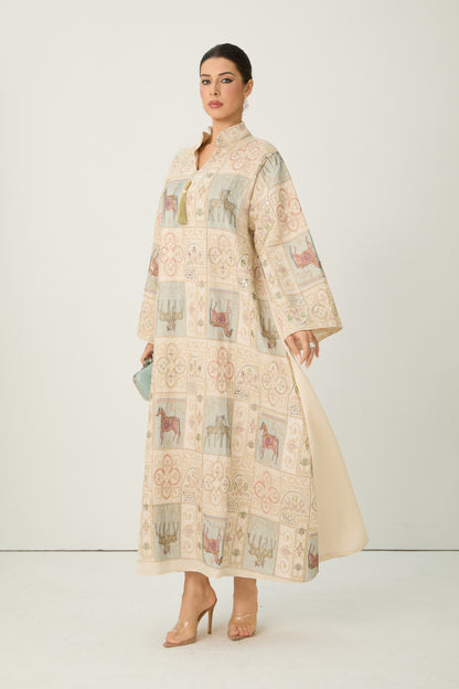 Cream Horse Patchwork Print Stand Collar Bell Sleeve Long Kaftan Dress