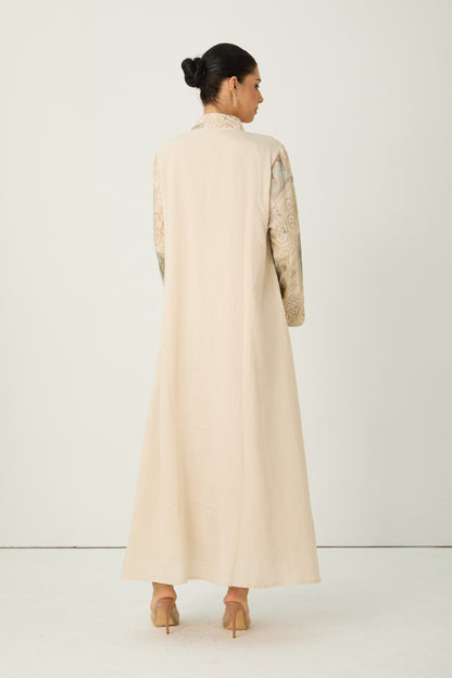 Cream Horse Patchwork Print Stand Collar Bell Sleeve Long Kaftan Dress