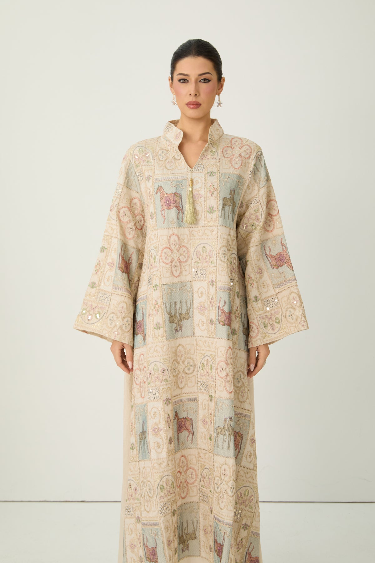 Cream Horse Patchwork Print Stand Collar Bell Sleeve Long Kaftan Dress