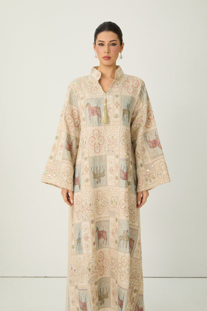 Cream Horse Patchwork Print Stand Collar Bell Sleeve Long Kaftan Dress