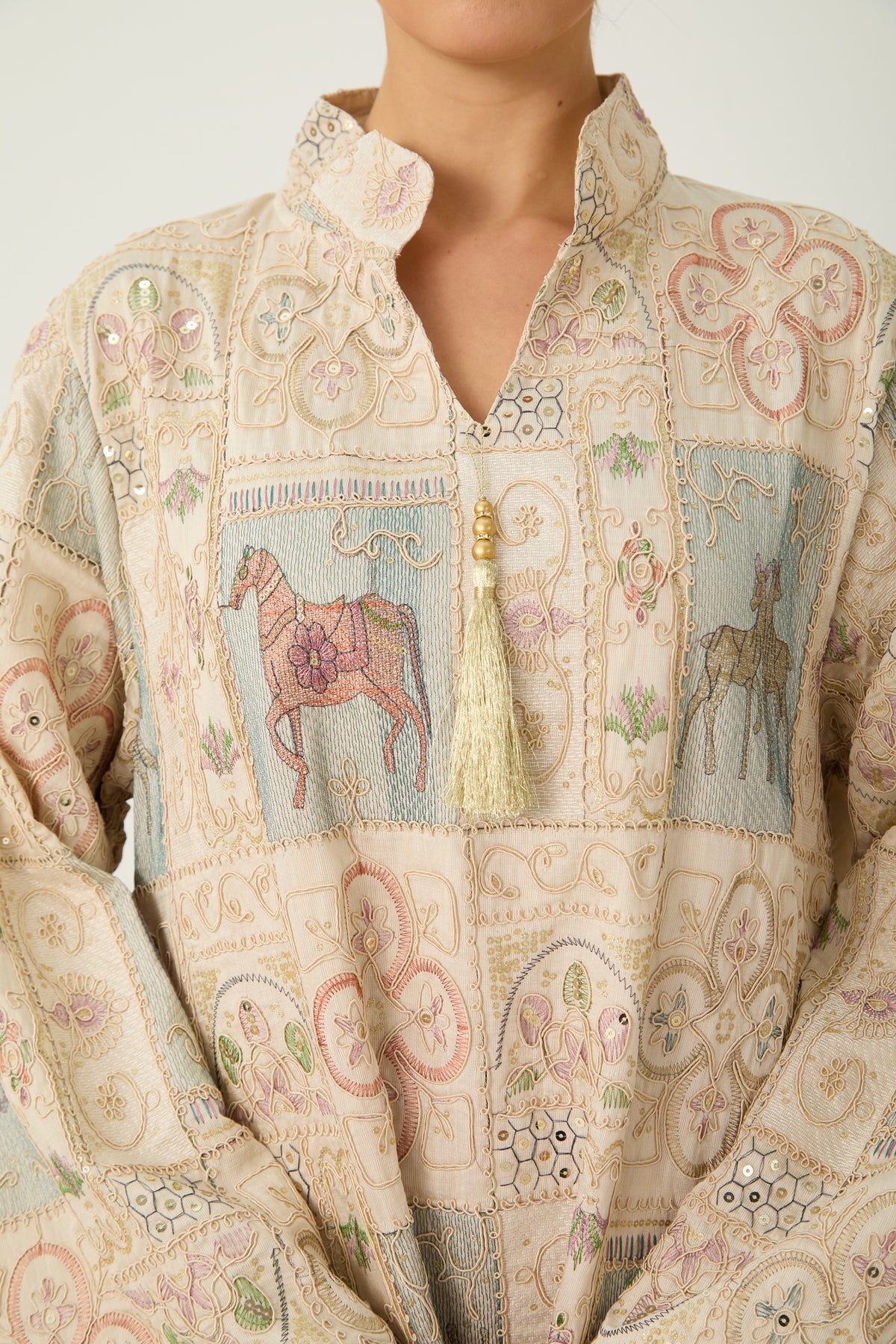 Cream Horse Patchwork Print Stand Collar Bell Sleeve Long Kaftan Dress