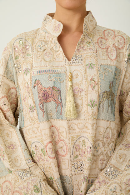 Cream Horse Patchwork Print Stand Collar Bell Sleeve Long Kaftan Dress