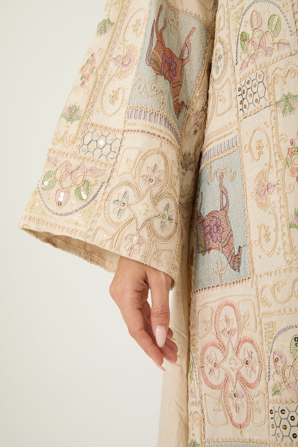 Cream Horse Patchwork Print Stand Collar Bell Sleeve Long Kaftan Dress