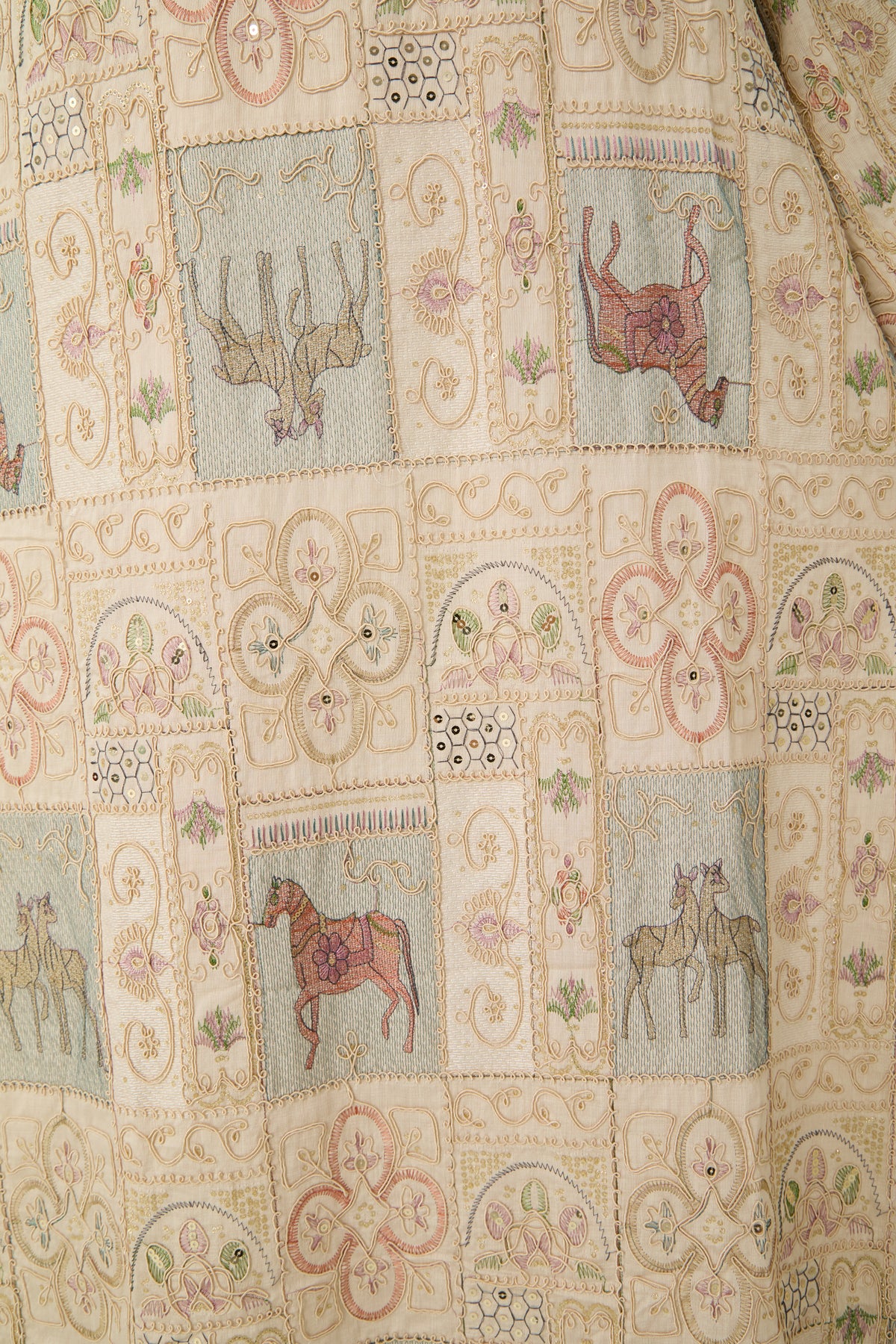 Cream Horse Patchwork Print Stand Collar Bell Sleeve Long Kaftan Dress