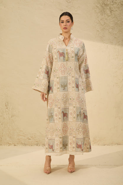 Cream Horse Patchwork Print Stand Collar Bell Sleeve Long Kaftan Dress