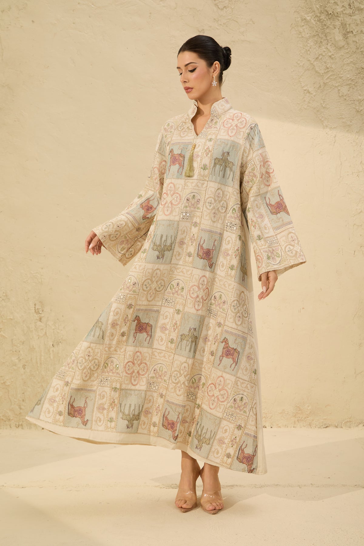 Cream Horse Patchwork Print Stand Collar Bell Sleeve Long Kaftan Dress