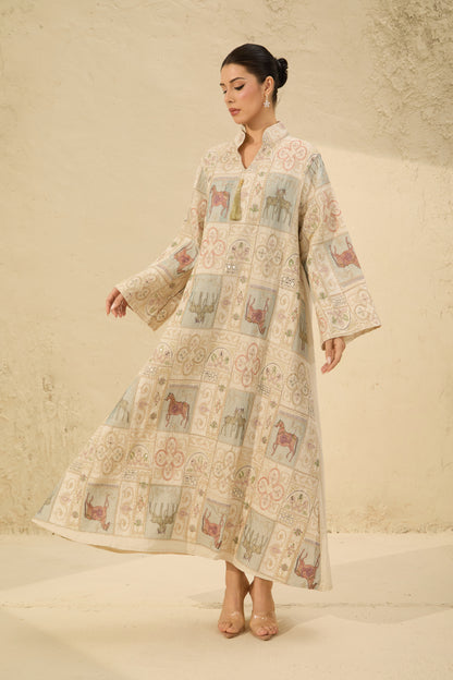 Cream Horse Patchwork Print Stand Collar Bell Sleeve Long Kaftan Dress