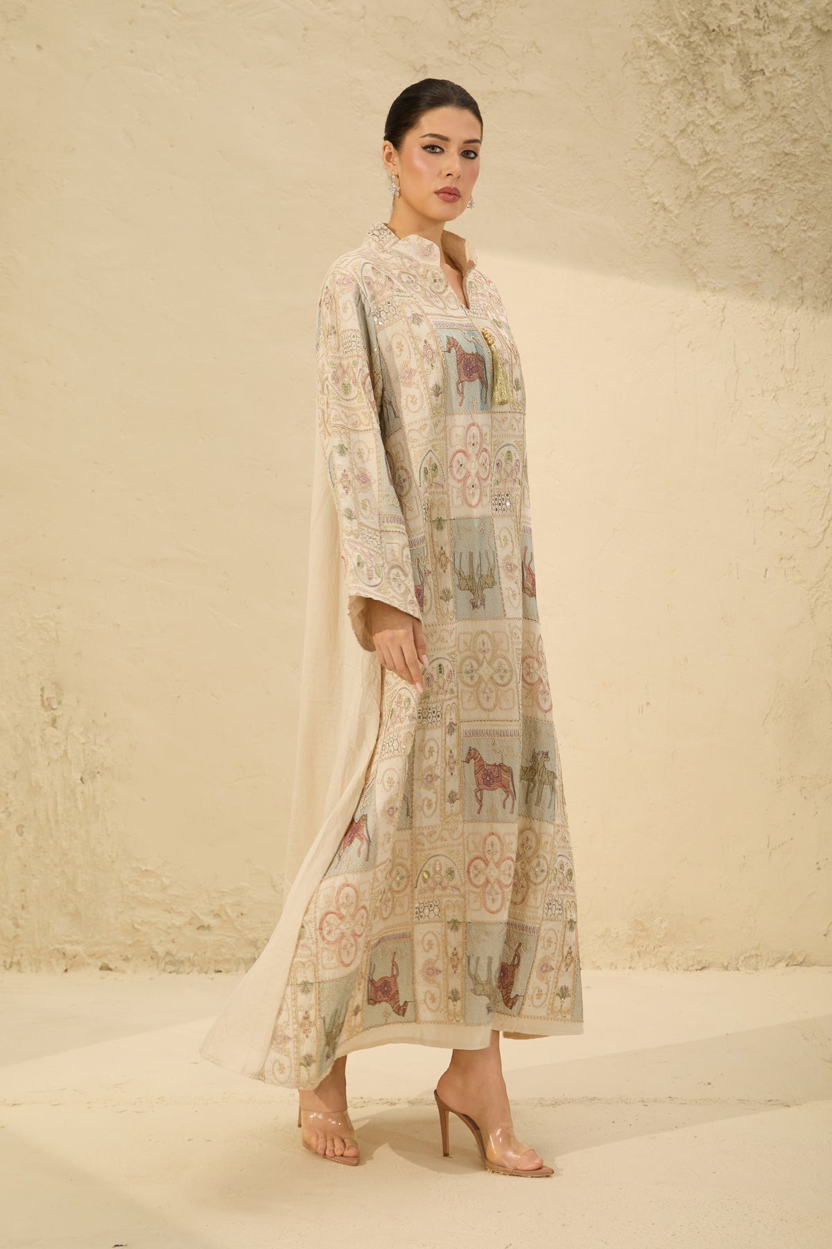 Cream Horse Patchwork Print Stand Collar Bell Sleeve Long Kaftan Dress