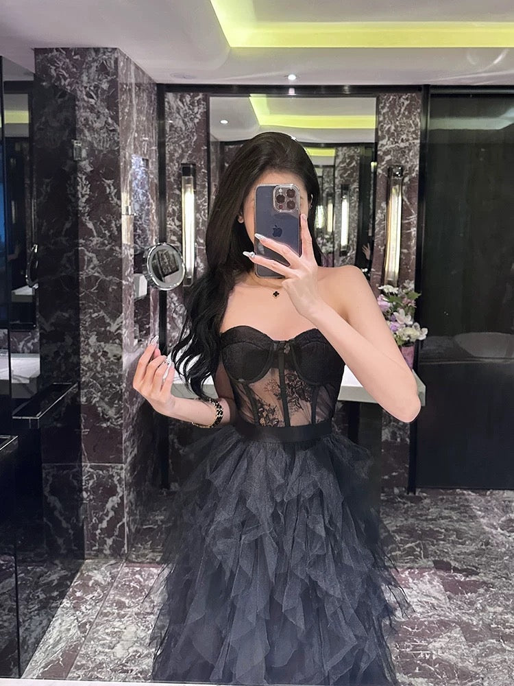 BLACK STRAPLESS LACE PATCHWORK MESH MAXI DRESS