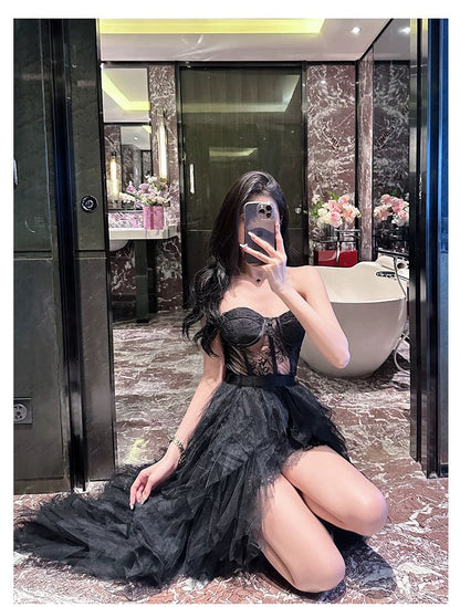 BLACK STRAPLESS LACE PATCHWORK MESH MAXI DRESS
