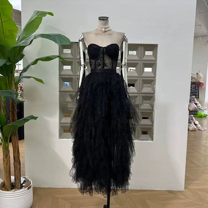 BLACK STRAPLESS LACE PATCHWORK MESH MAXI DRESS