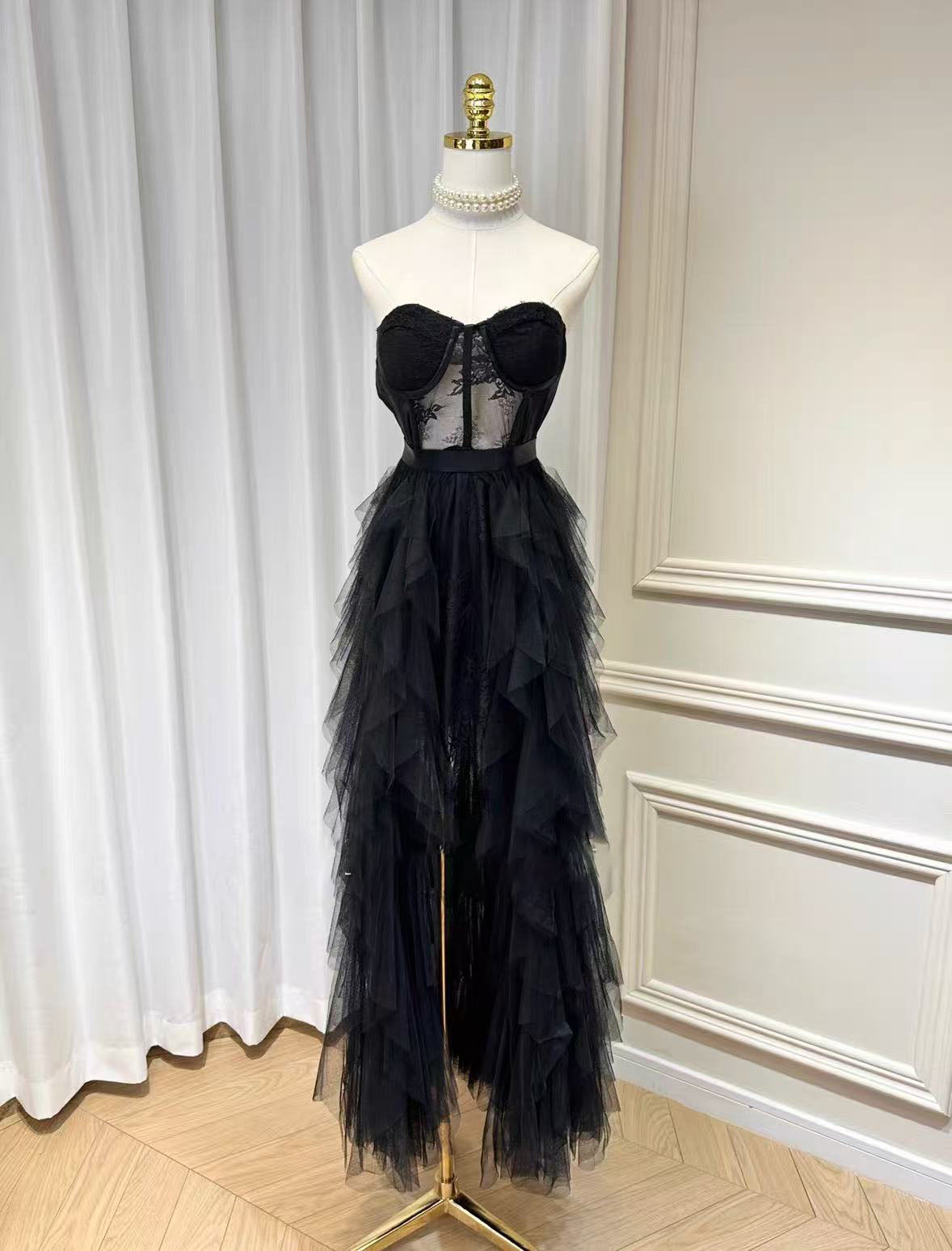 BLACK STRAPLESS LACE PATCHWORK MESH MAXI DRESS