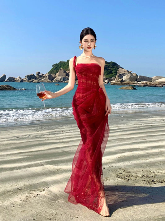 Lace Corset One Shoulder Midi Dress - Wine